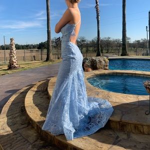 La Femme baby blue lace prom dress